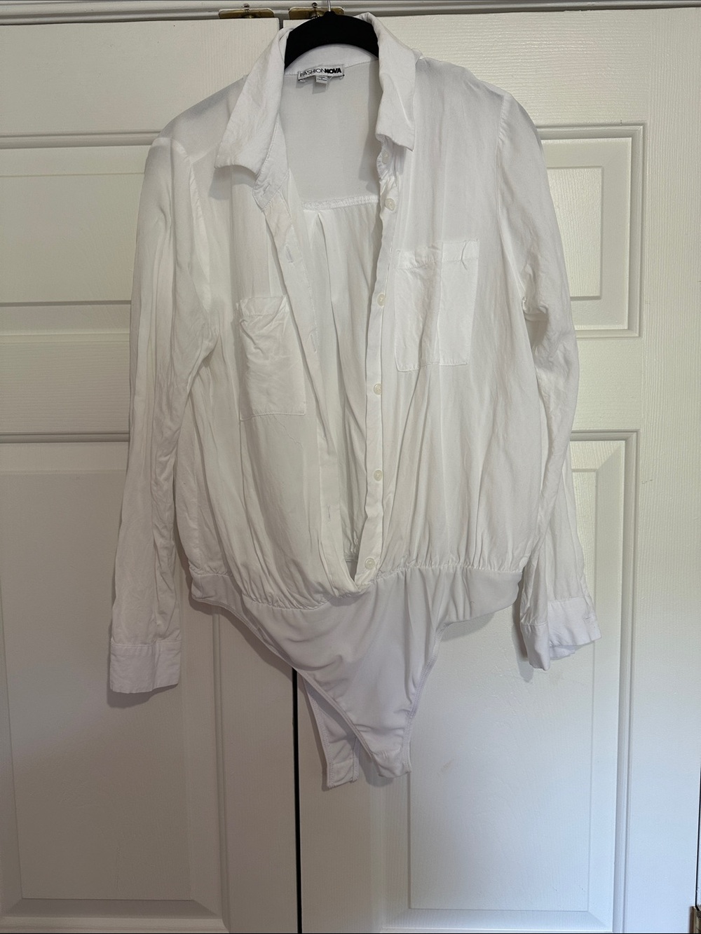Fashion Nova White Long Sleeve Button Front Bodysuit